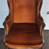 Large Louis XVI style bergère armchair in amber brown velvet