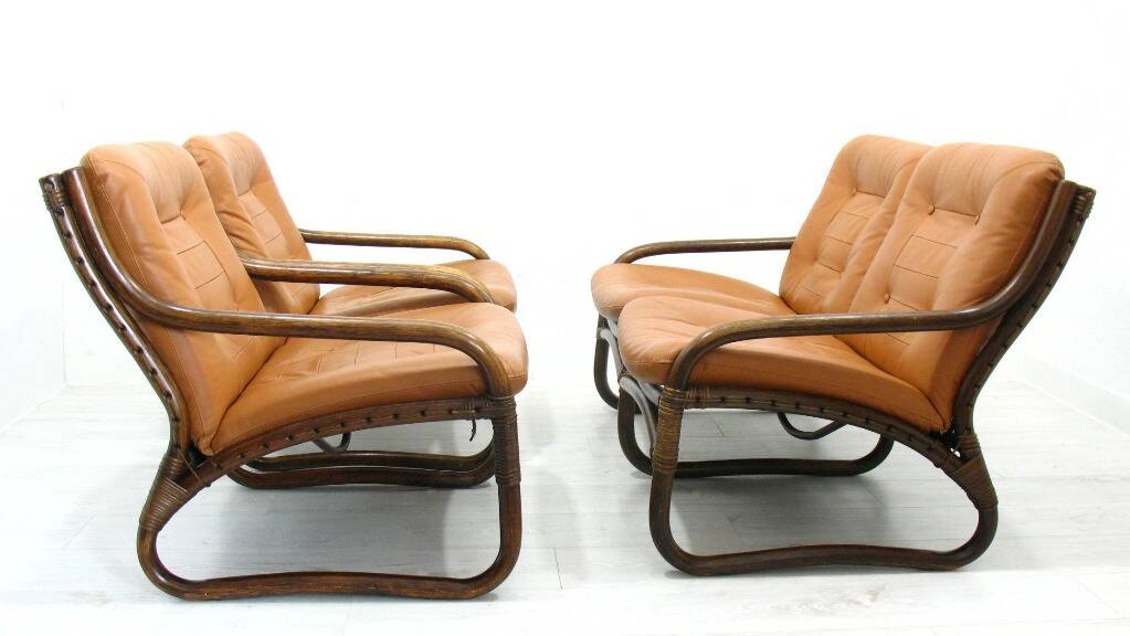 Italian Bamboo, Rattan, and Leather Living Room Set, 1970s