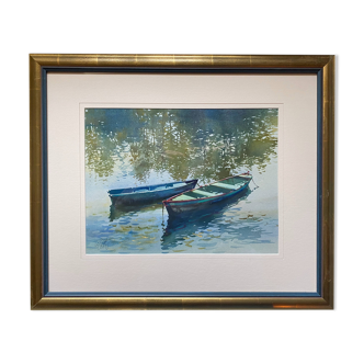 Watercolor painting "the boats under the trees" by togla leris + frame