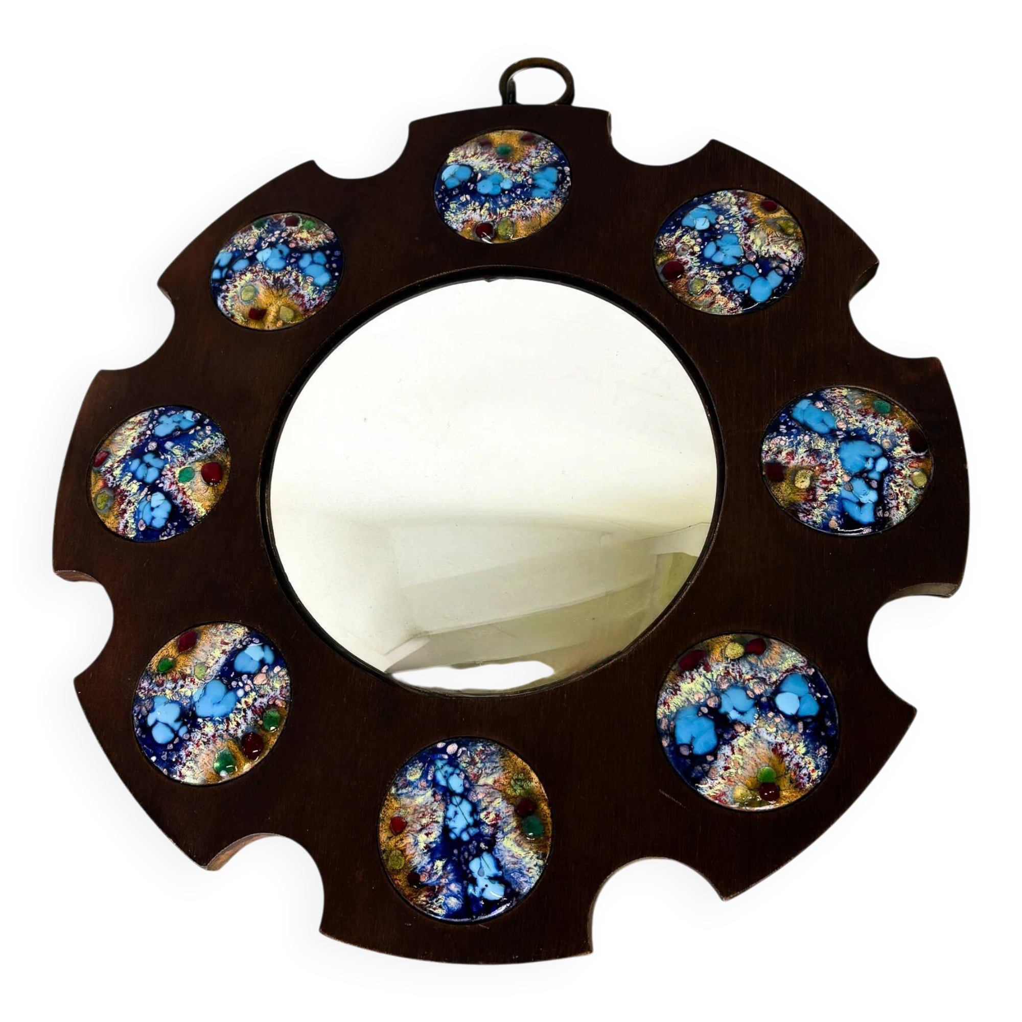 Modernist wood and enamel mirror by J. Capo Esmaltes, Spain, 1970s