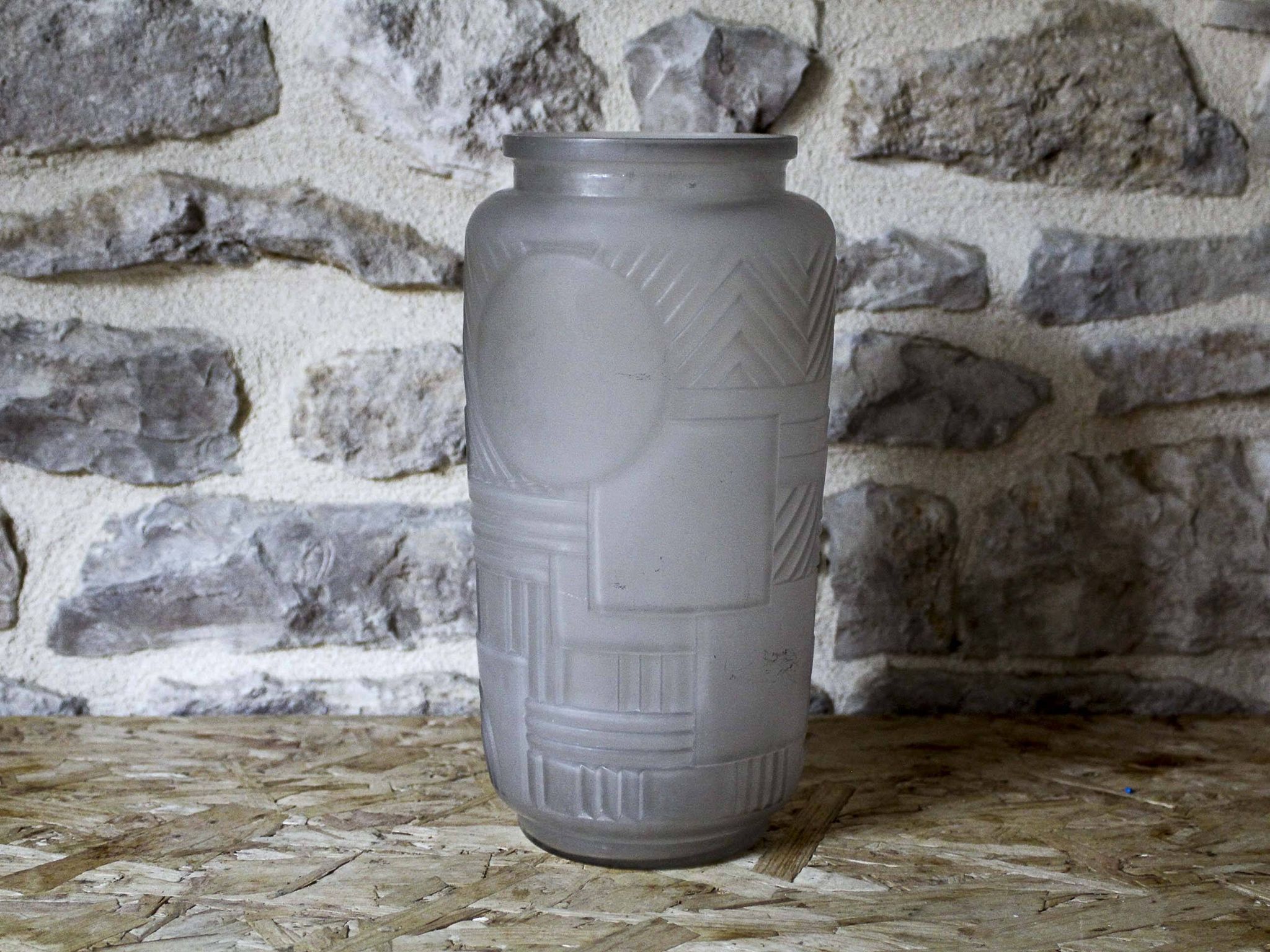Molded pressed glass vase with geometric decoration Verrerie Legras
