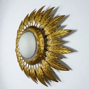 Spanish sunburst ceiling light – opaline glass & gilt iron foliage, 1960s
