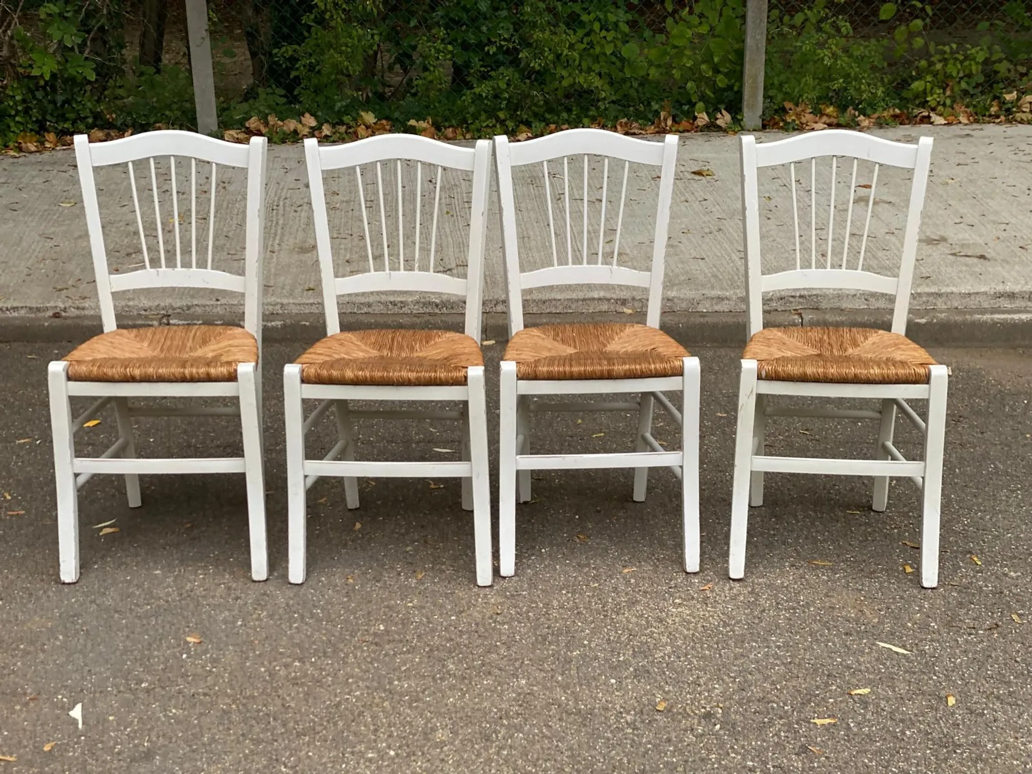 Lot de 4 chaises rustiques en bois blanc & assise paillée
