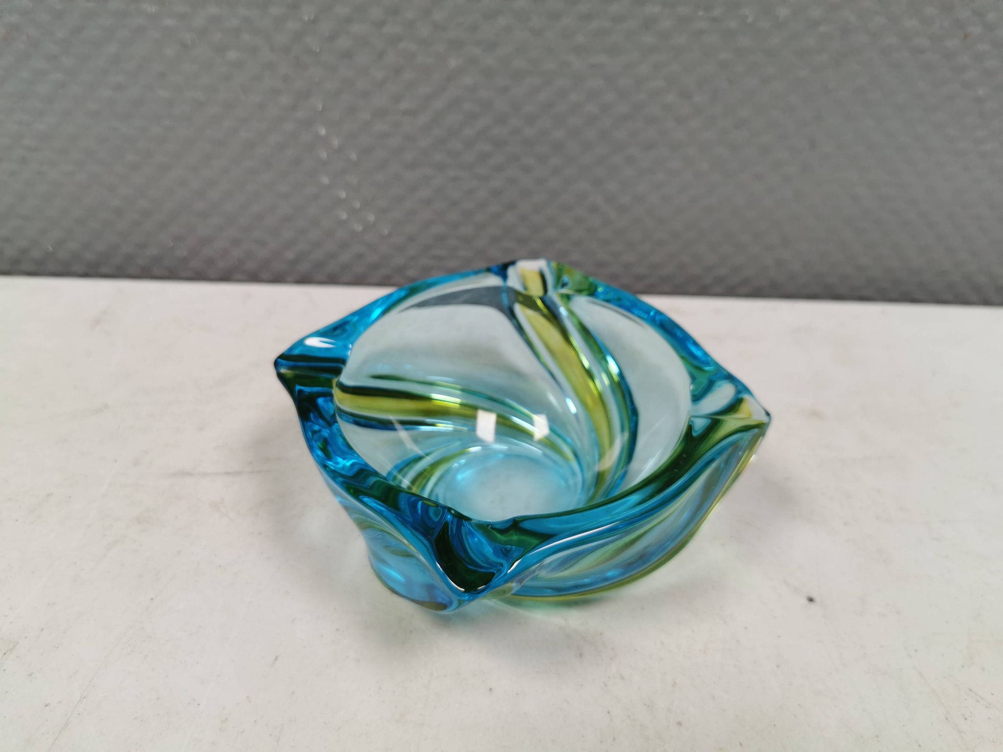 Beautiful ashtray in multicoloured glass. We guess Italy, 1980s.