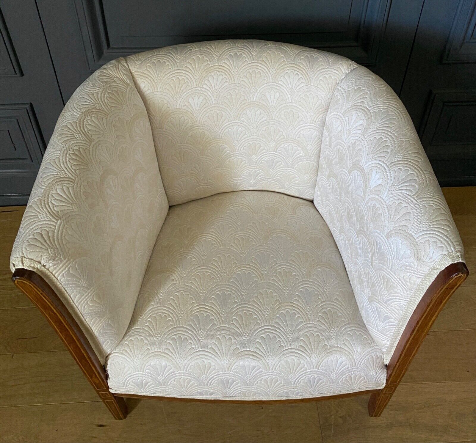 Armchair art deco 1930 marquetry fabric white cream foliage decoration