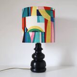 Vintage lamp with black solid wood base and multi-colored lampshade