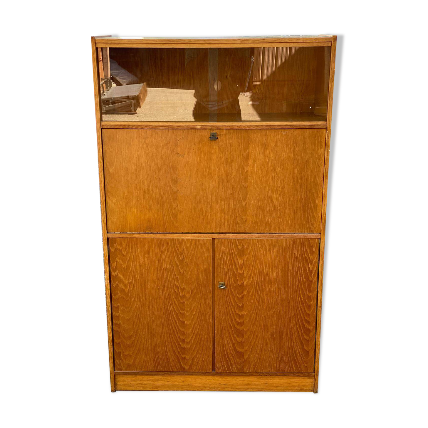 Vintage Scandinavian glass secretary with 3 doors