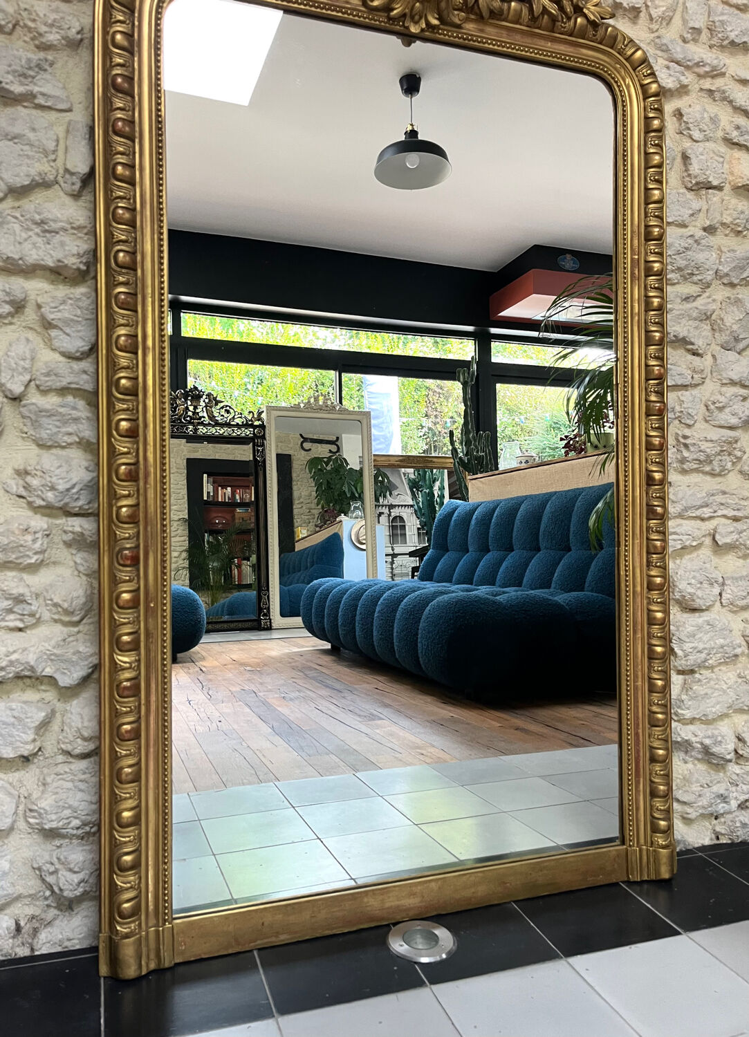 Antique Louis-Philippe fireplace mirror with pediment and pearls 157