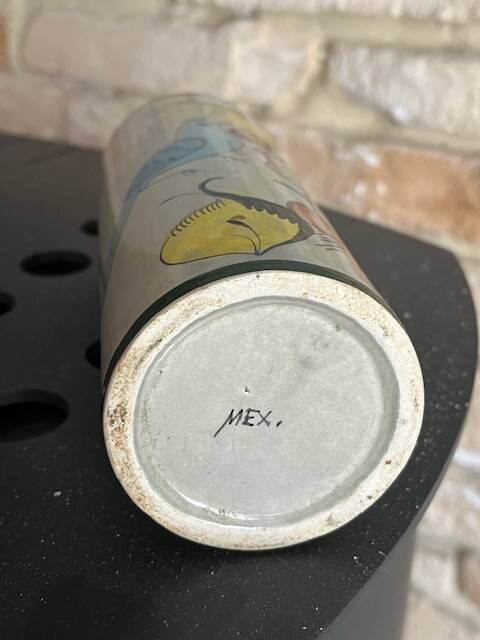 Hand-painted ceramic vase with floral and blue bird decoration, signed Mex