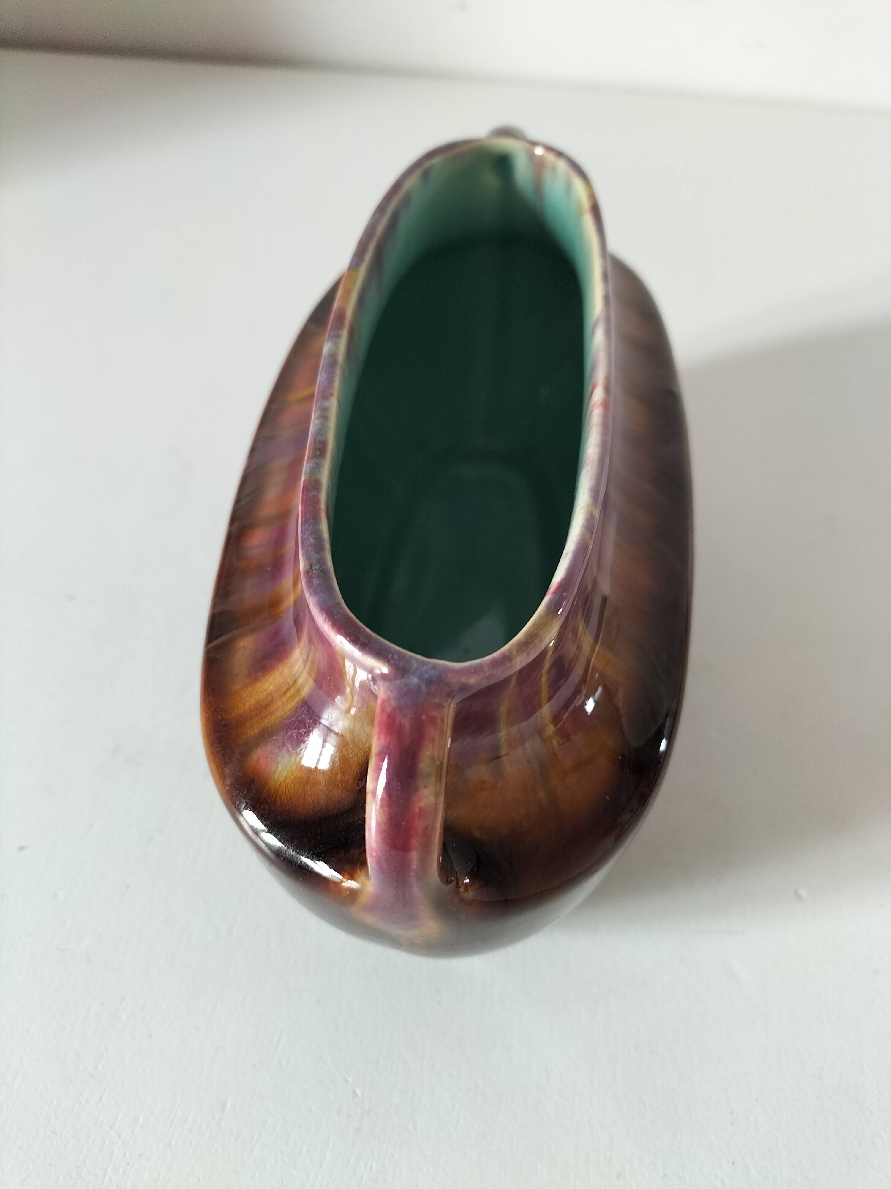 Oval ceramic vase with handles, glazed, 20th century.