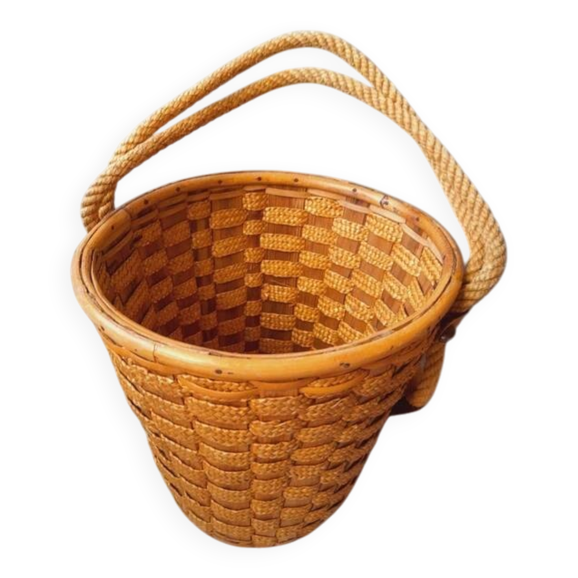 Hanging pot made of rattan and rope 1960