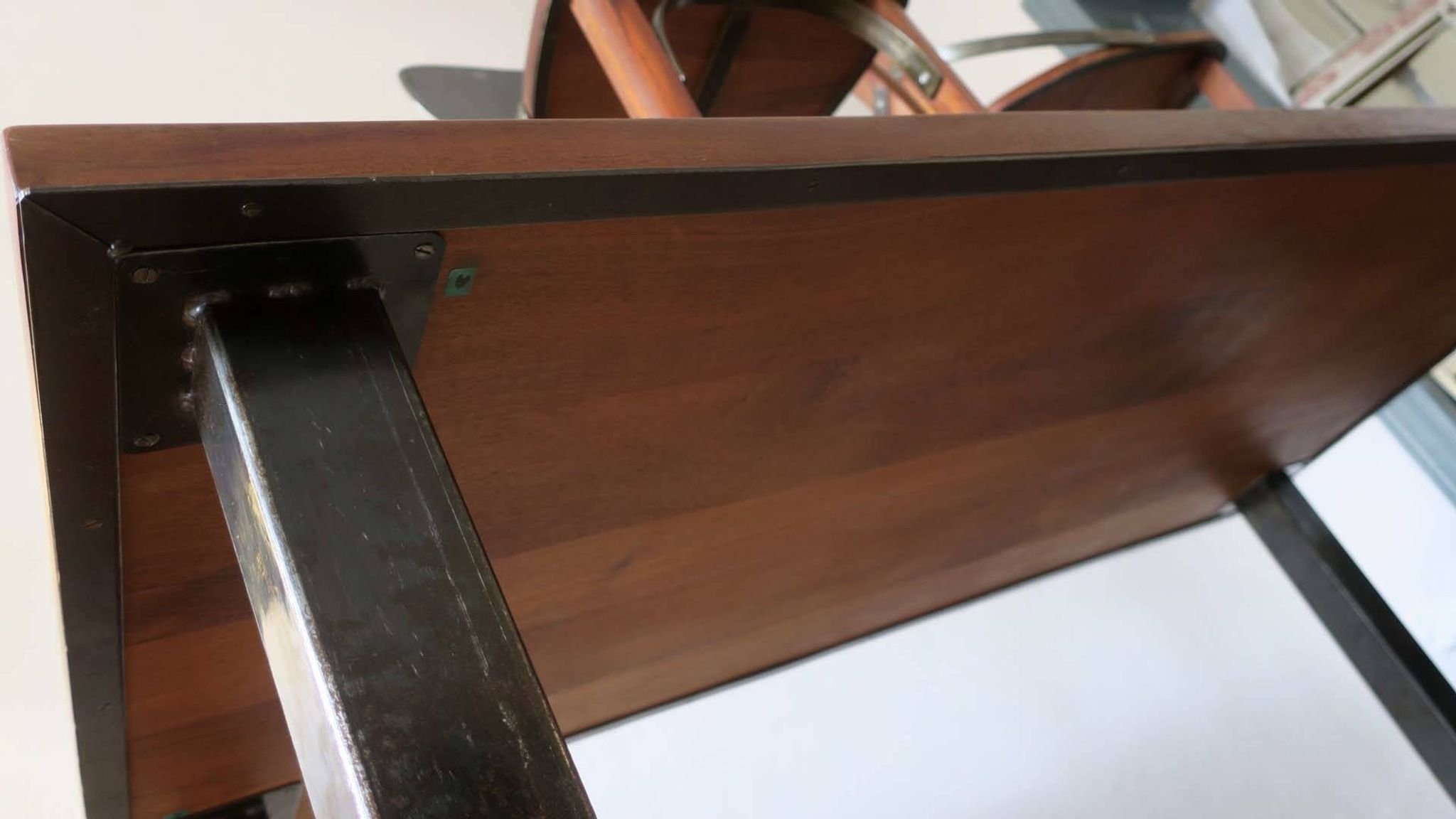 Brutalist 6 chairs and dining table in teak and patinated steel, 1960s