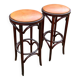 Pair of curved wooden bistro stools with leather seats