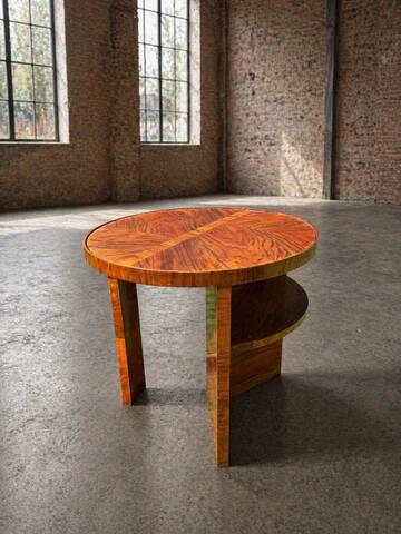Art Deco round side table with shelf – vintage wood occasional table / bedside table