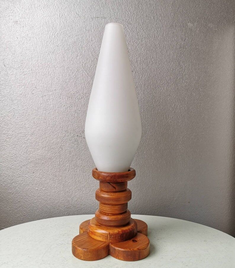 Wooden table lamp with glass chalice, 1970
