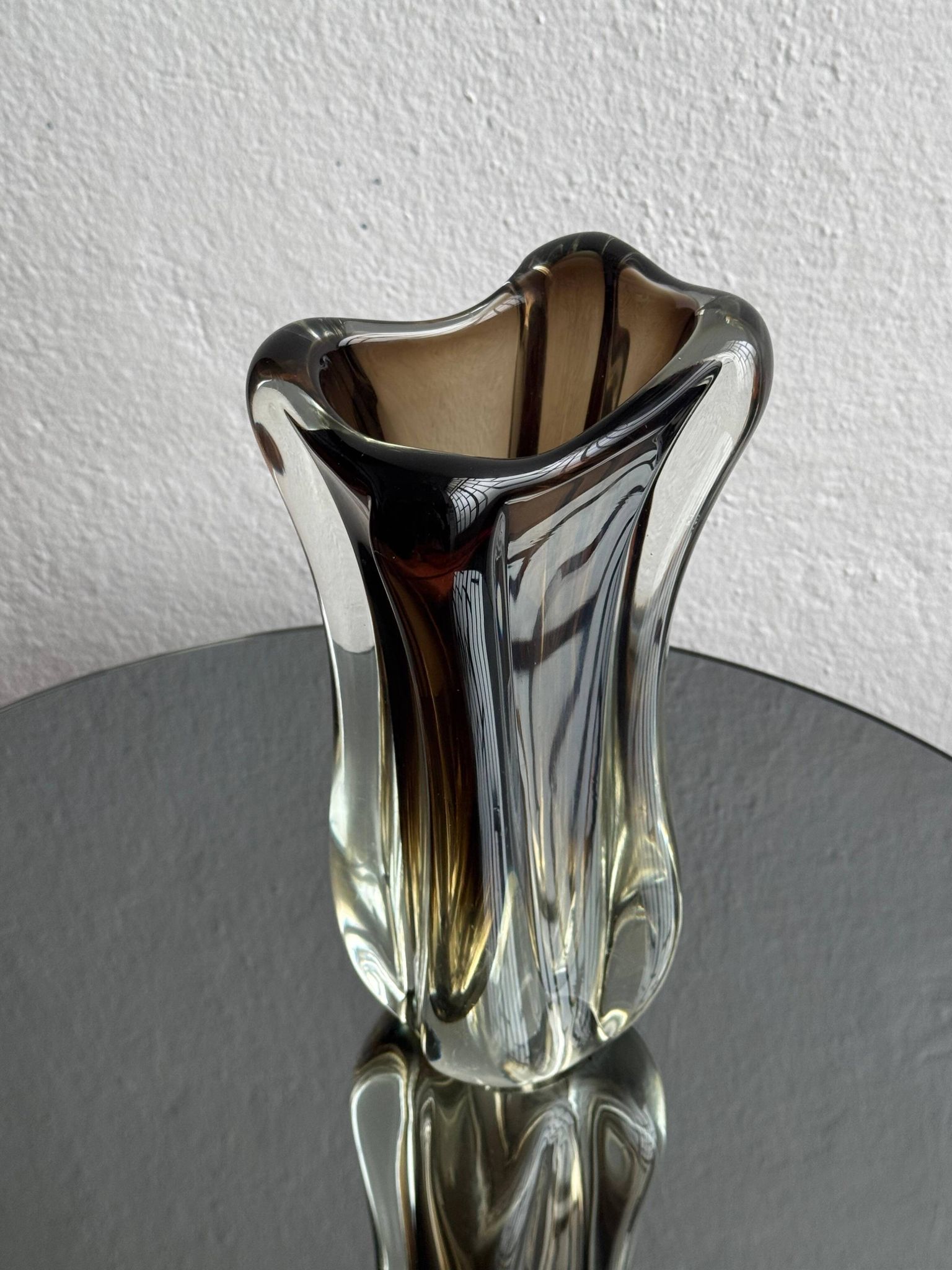 Vintage Murano-Style Art Glass Sommerso Handkerchief Vase, Amber & Clear