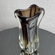 Vintage Murano-Style Art Glass Sommerso Handkerchief Vase, Amber & Clear