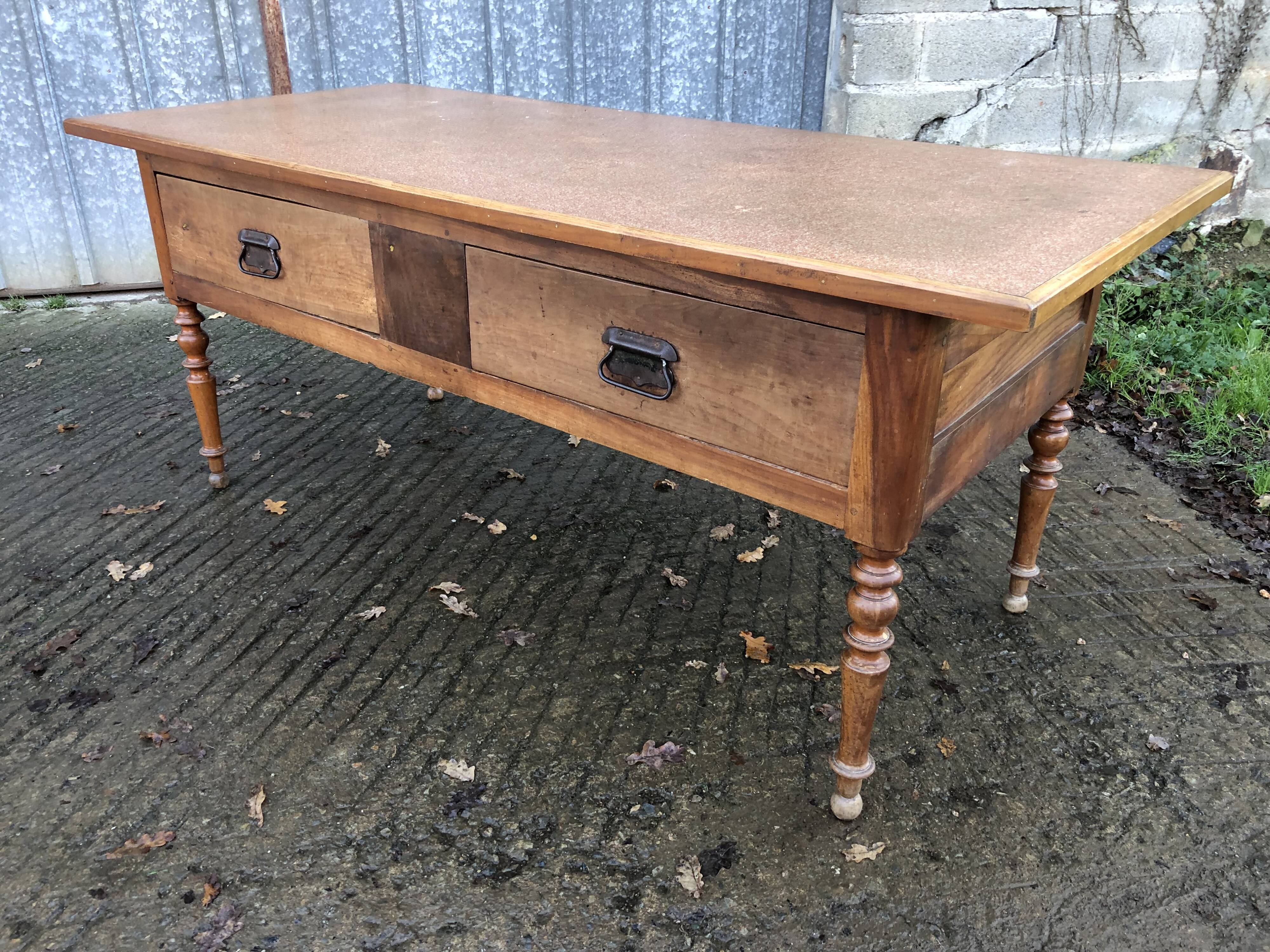Solid cherry game table with 2 front drawers and panelled crosspieces.