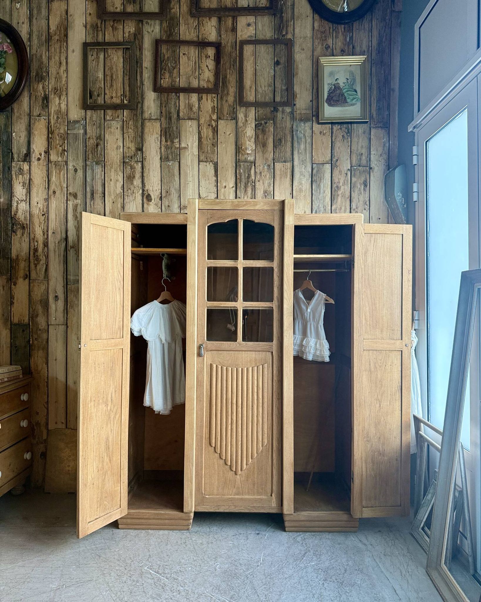 Large asymmetrical Art Deco wardrobe with three doors in oak (renovated)