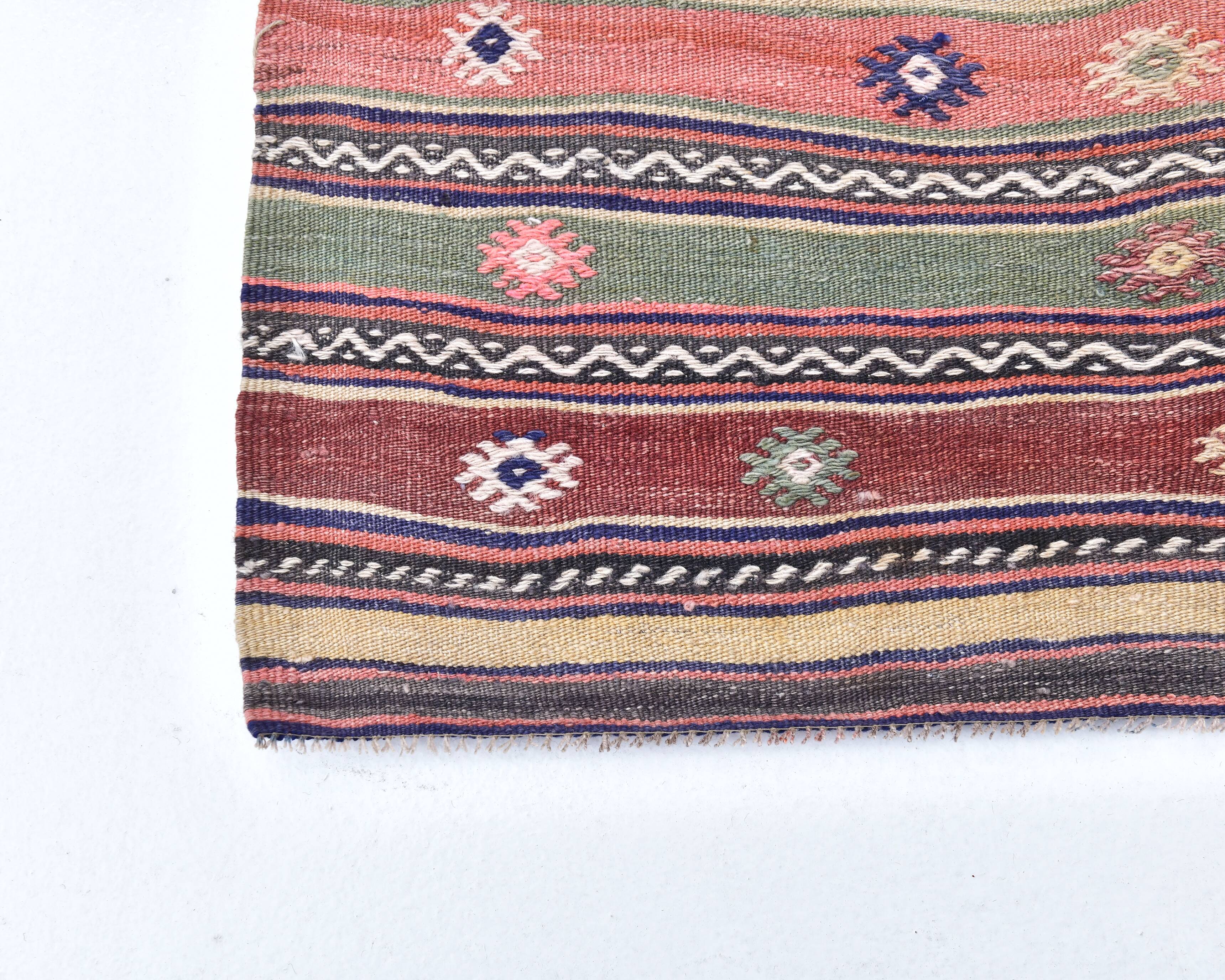 5x11 Red Blue Vintage Kilim Rug 149x326Cm