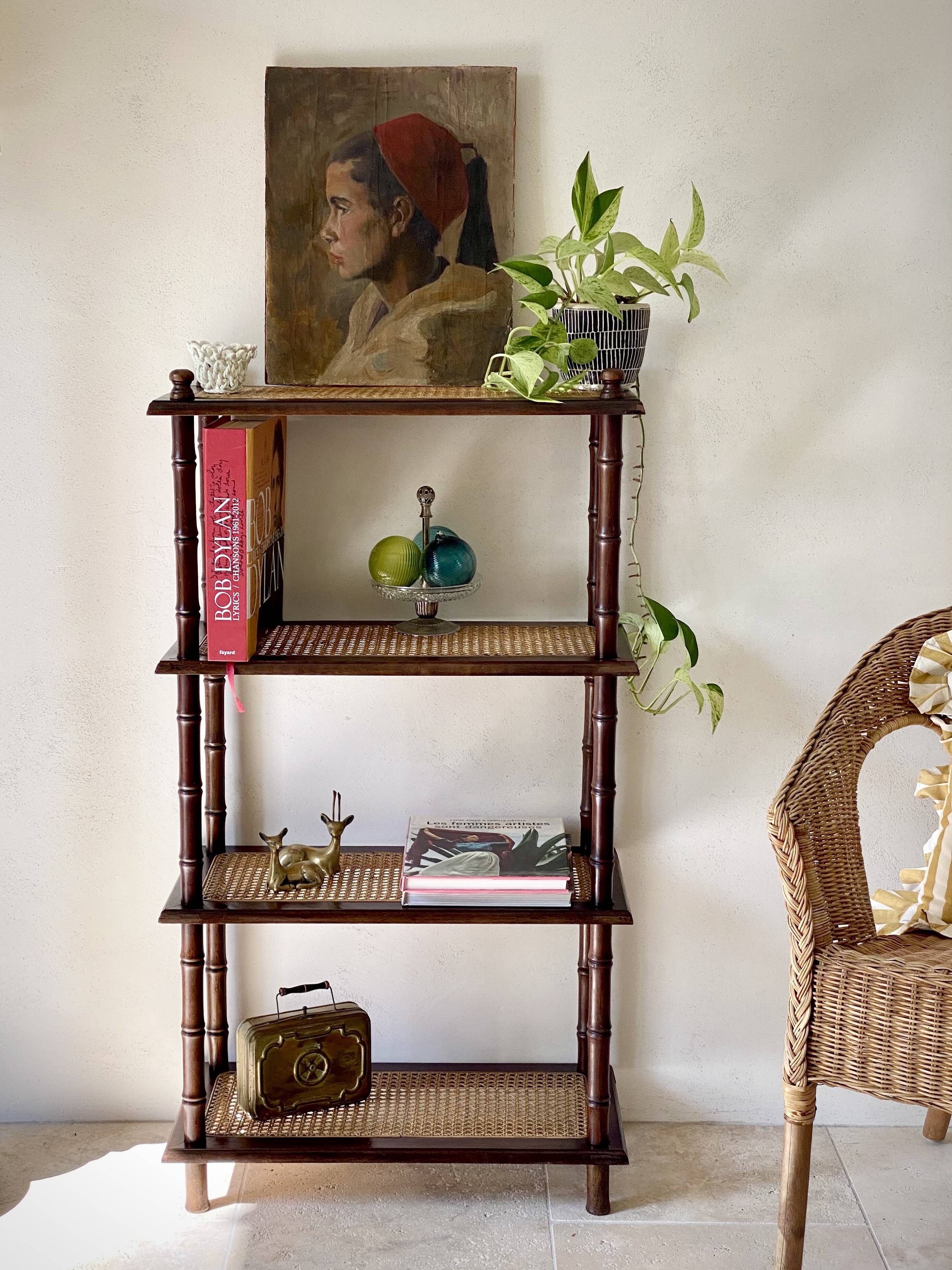 Vintage wooden shelf with cane, colonial style, 4 levels.