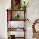 Vintage wooden shelf with cane, colonial style, 4 levels.