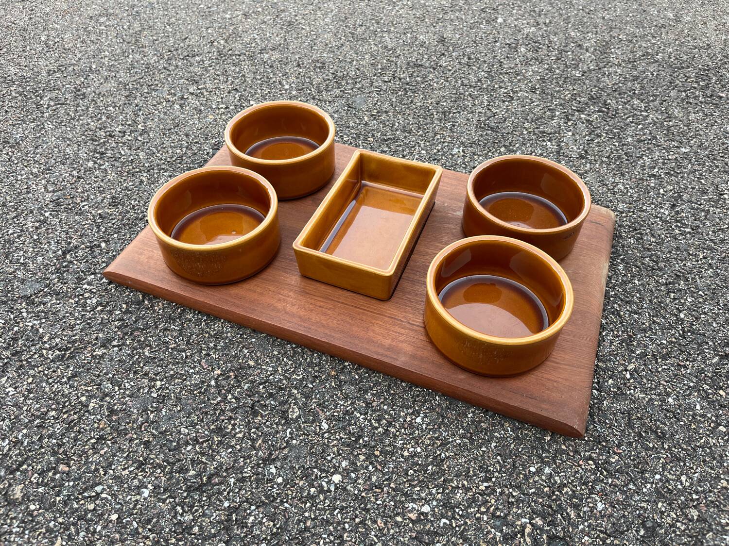 Vintage teak ceramic aperitif serving tray Stylform design
