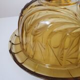 Cloche et plat en verre jaune fumé