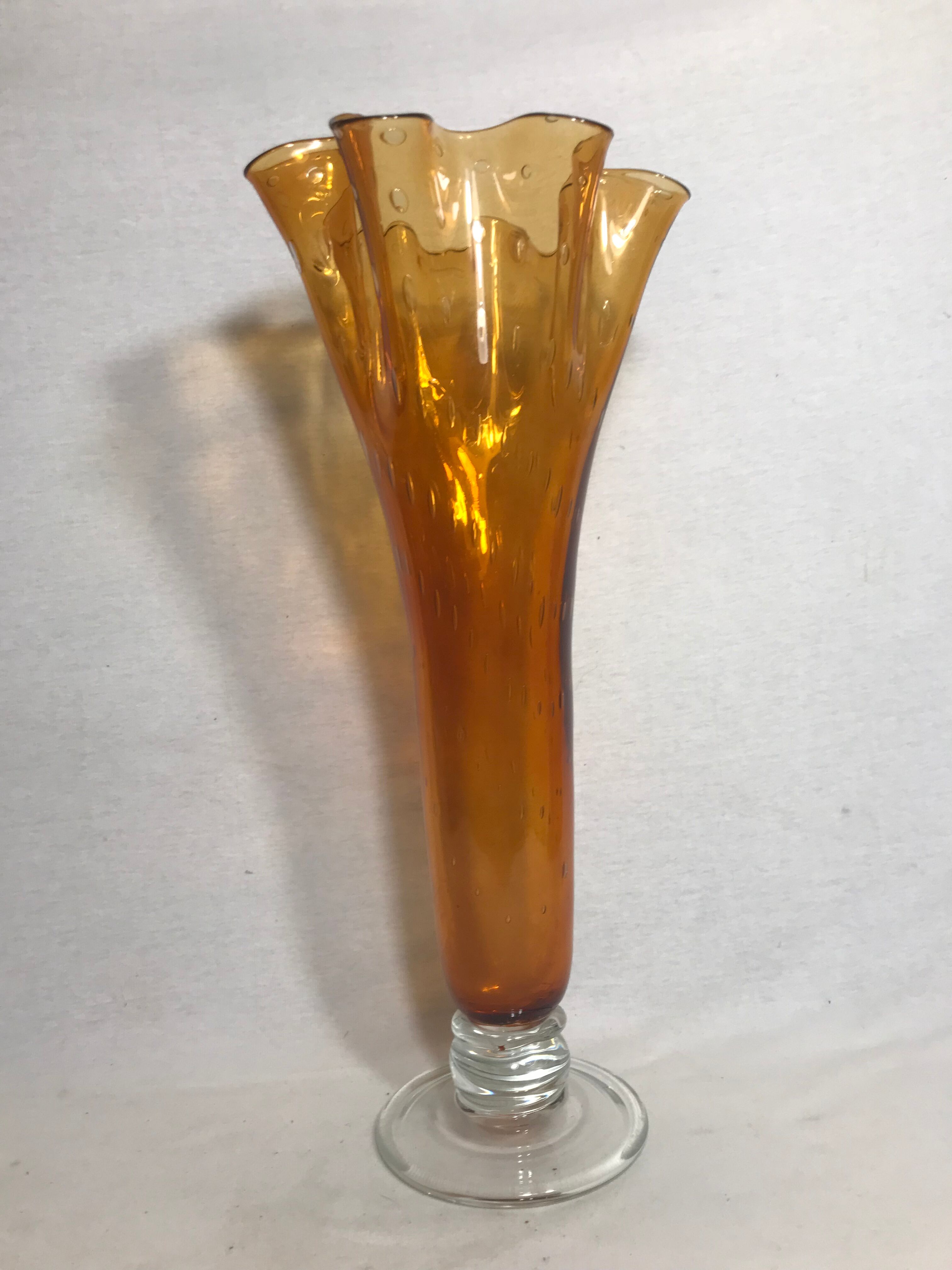 Old glass vase blown bubble orange & transparent vintage