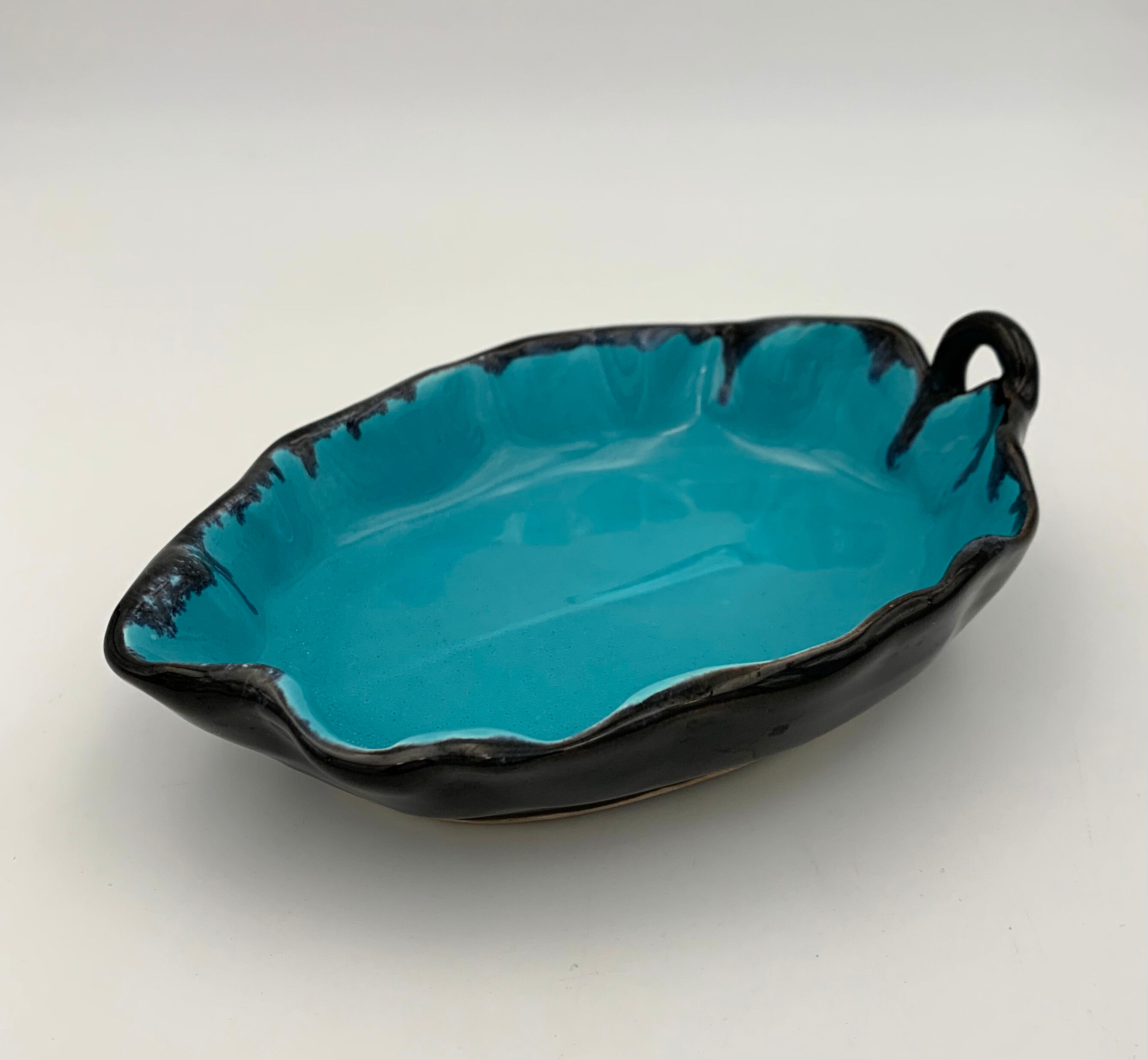 Vintage blue and black enameled ceramic trinket dish - 1960s-1970s