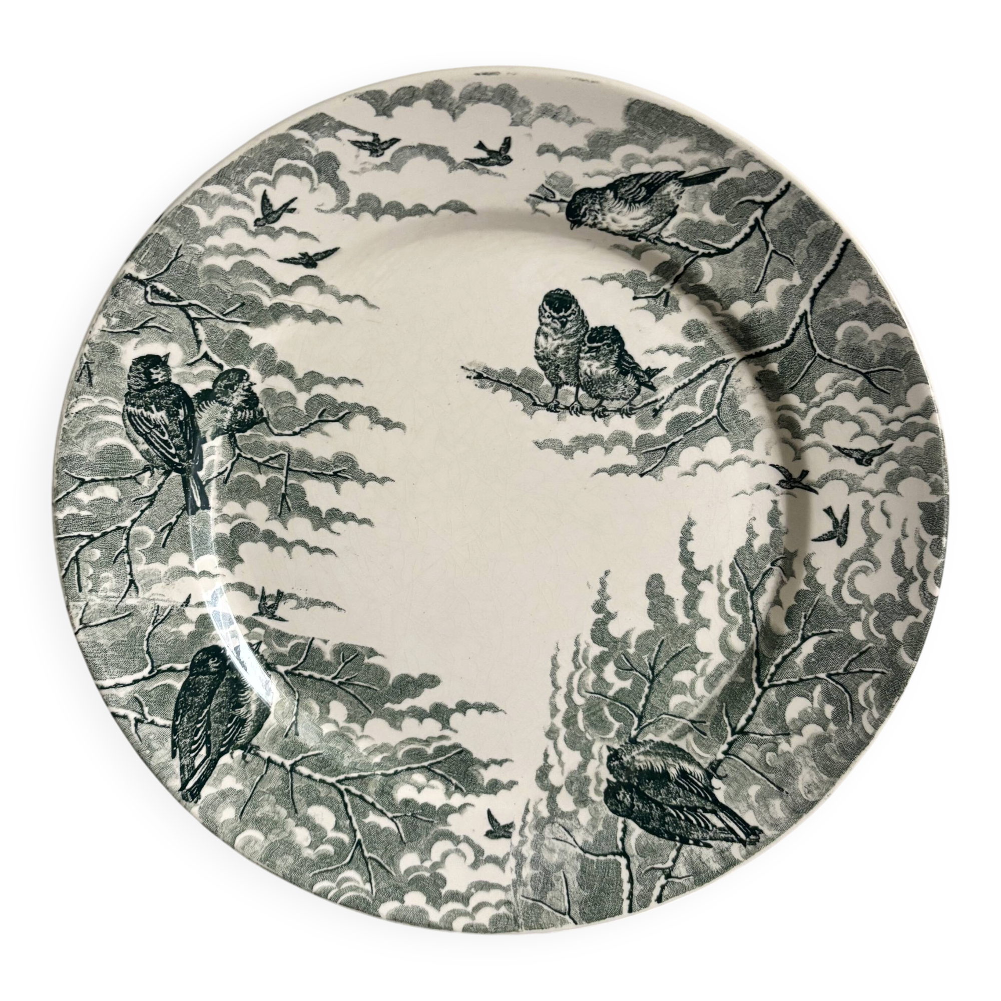 Compotier ancien Sarreguemines – Modèle Neige – Décor oiseaux vert