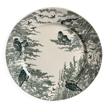 Antique compote dish Sarreguemines – Snow model – Green bird decoration