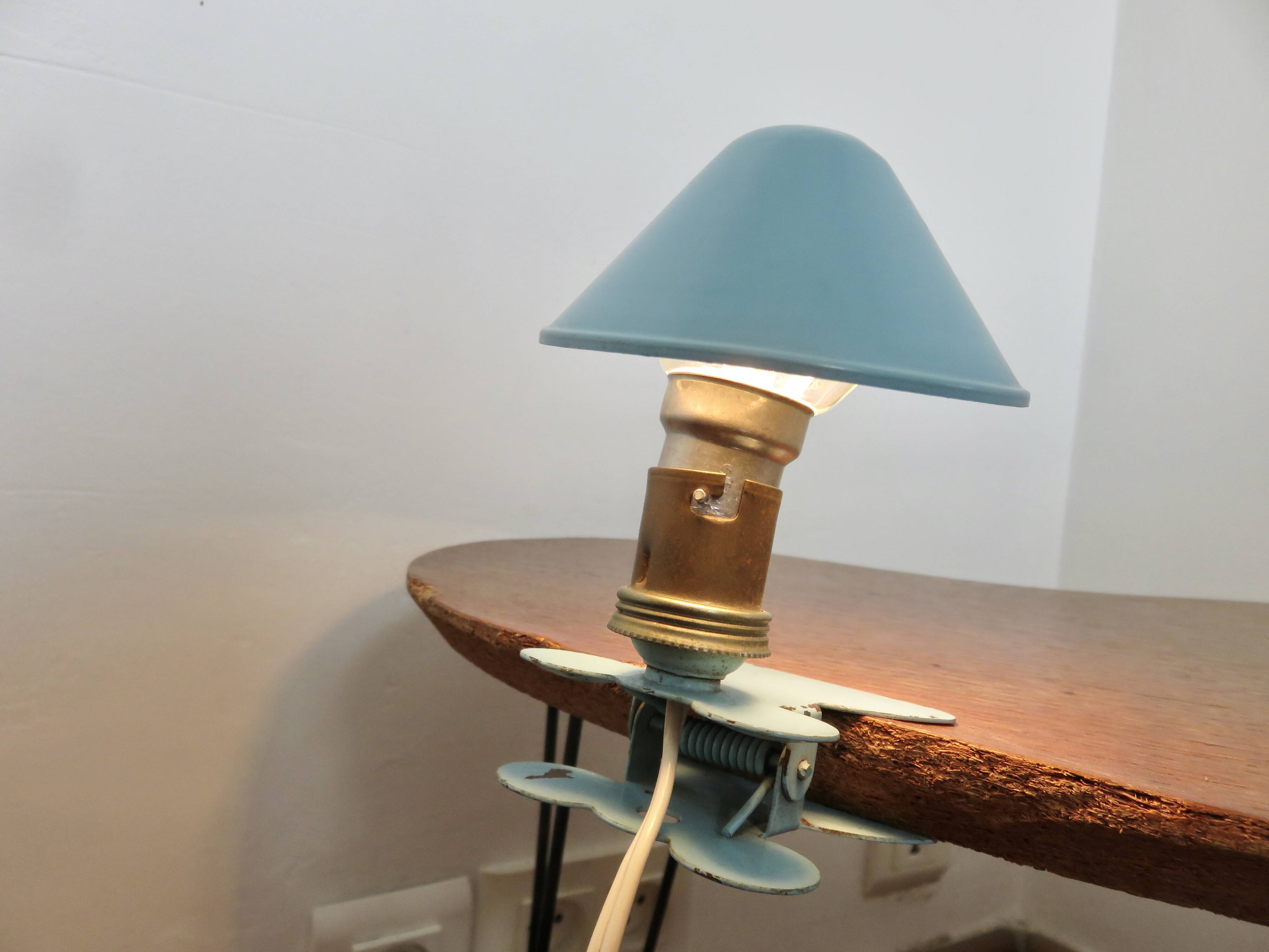 Blue aluminum mushroom clip lamp from the 50s and 60s