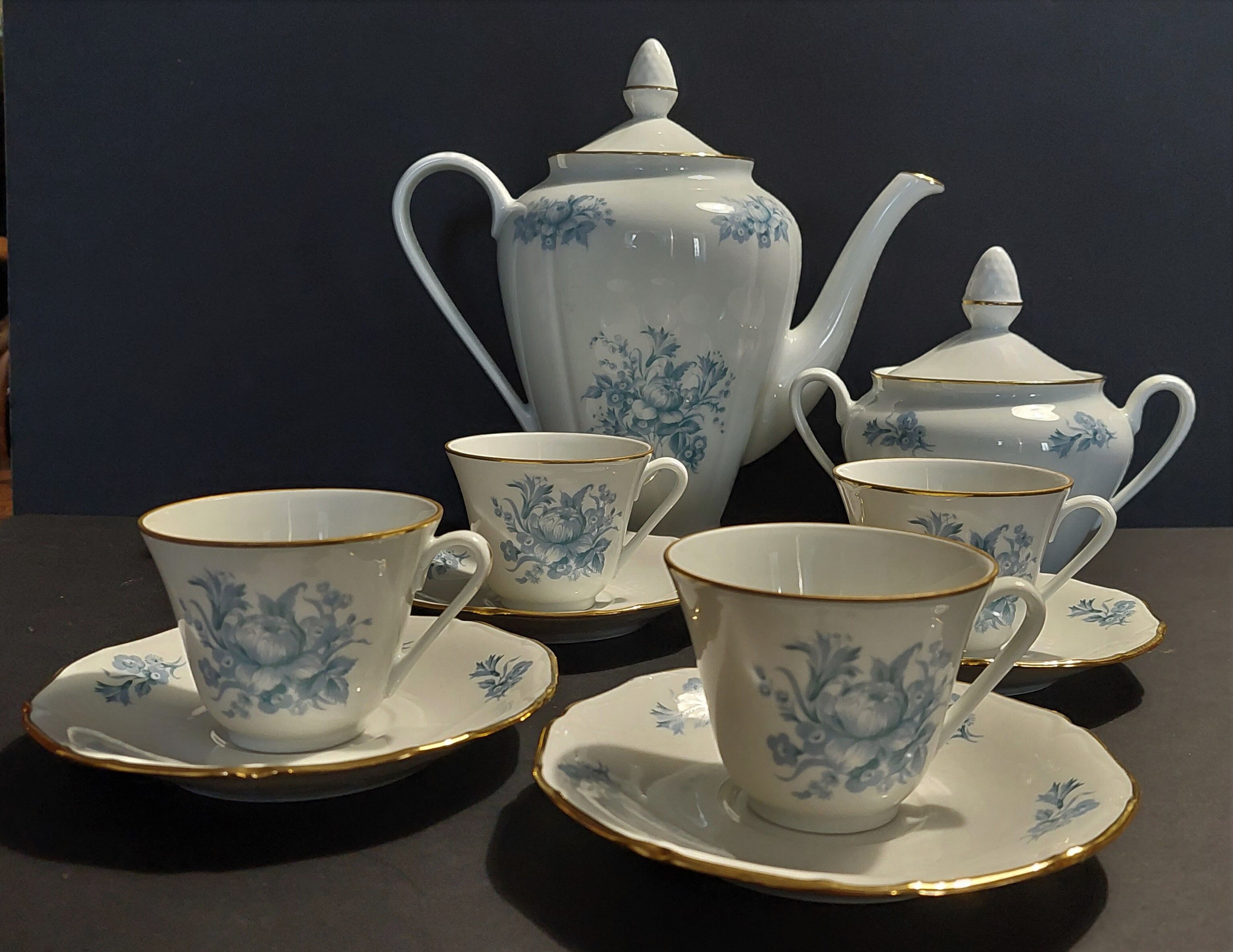 Limoges porcelain coffee set four cups pouring and sugar bowl