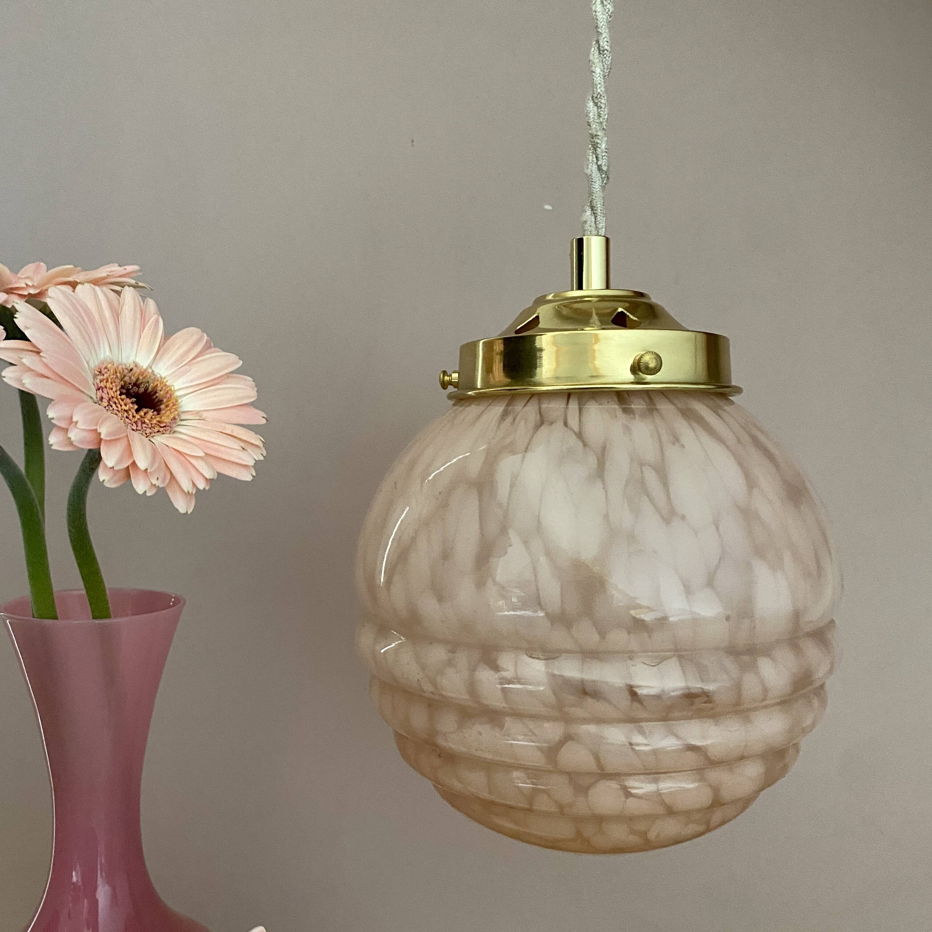 Vintage art deco globe pendant light in pink and gold Clichy glass