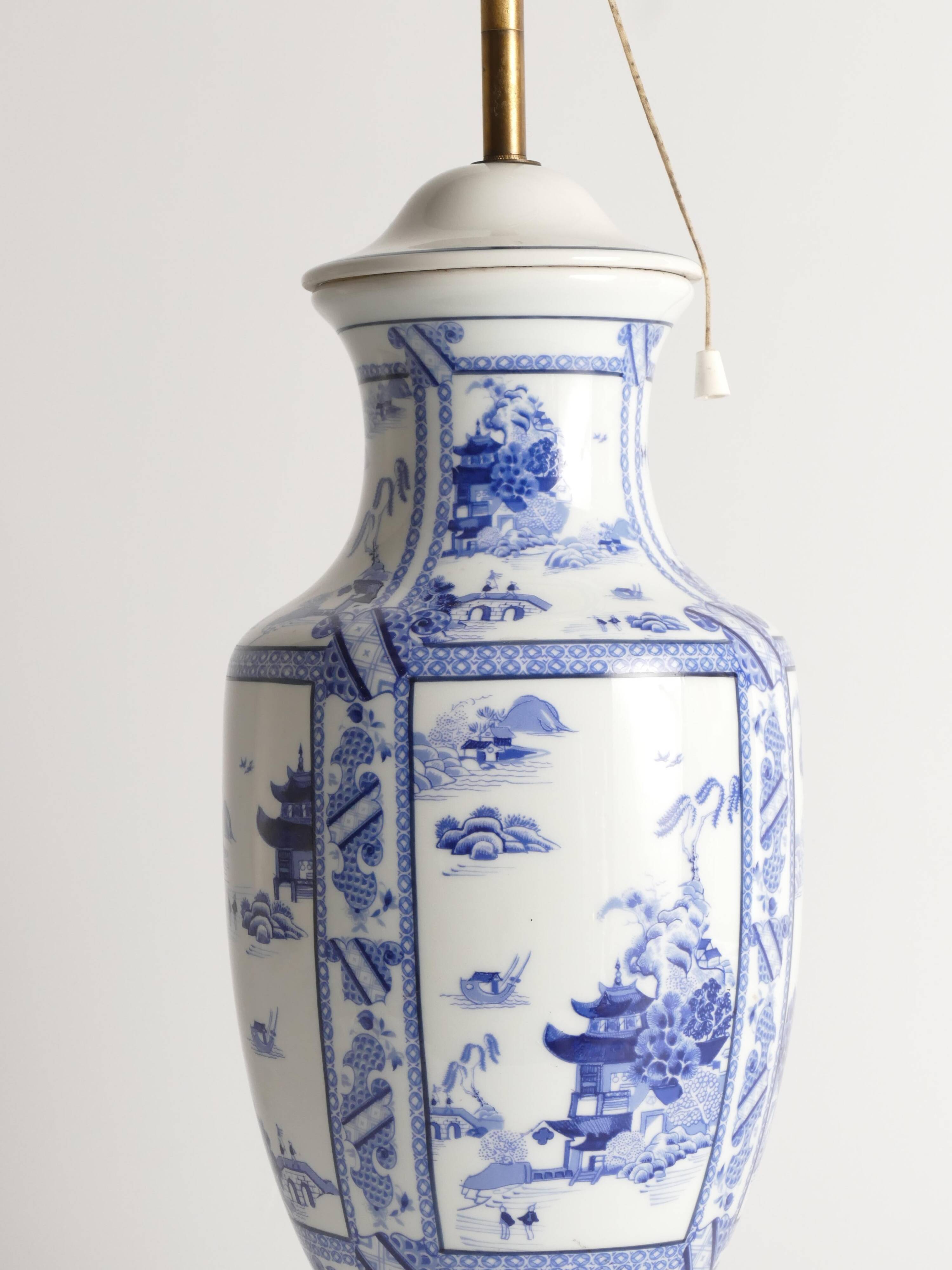 French Blue & White Willow Porcelain Table Lamp, by Louis Drimmer, Limoges