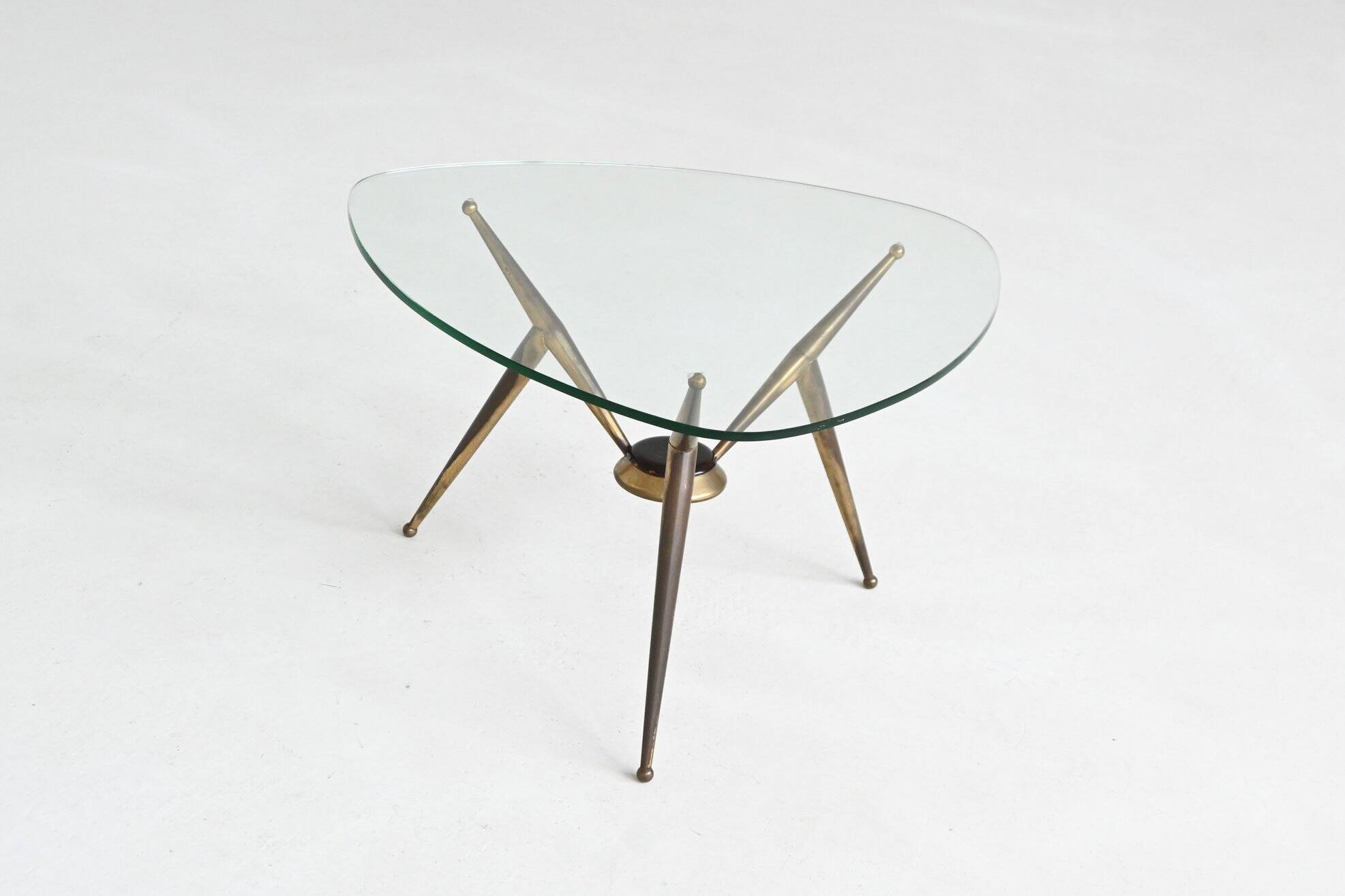 Italian tripod triangle coffee table brass and glass Italy 1950