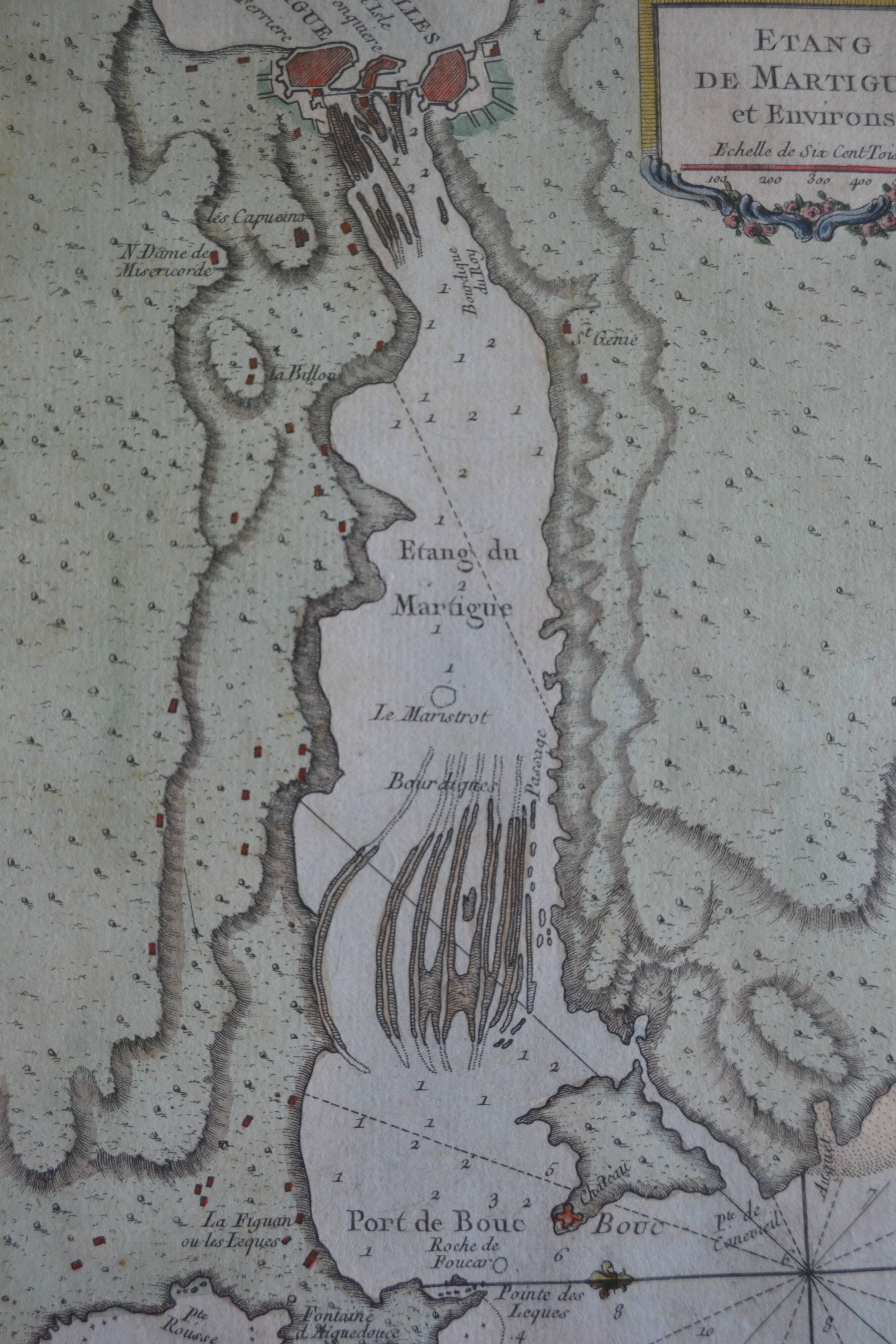 Martigues pond Old geographical map 18th century engraving 1764 by Bellin