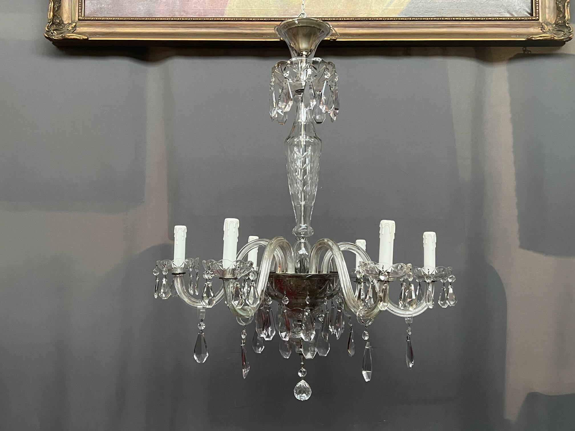 Venetian chandelier decorated with clear crystal and rare coloured crystal.