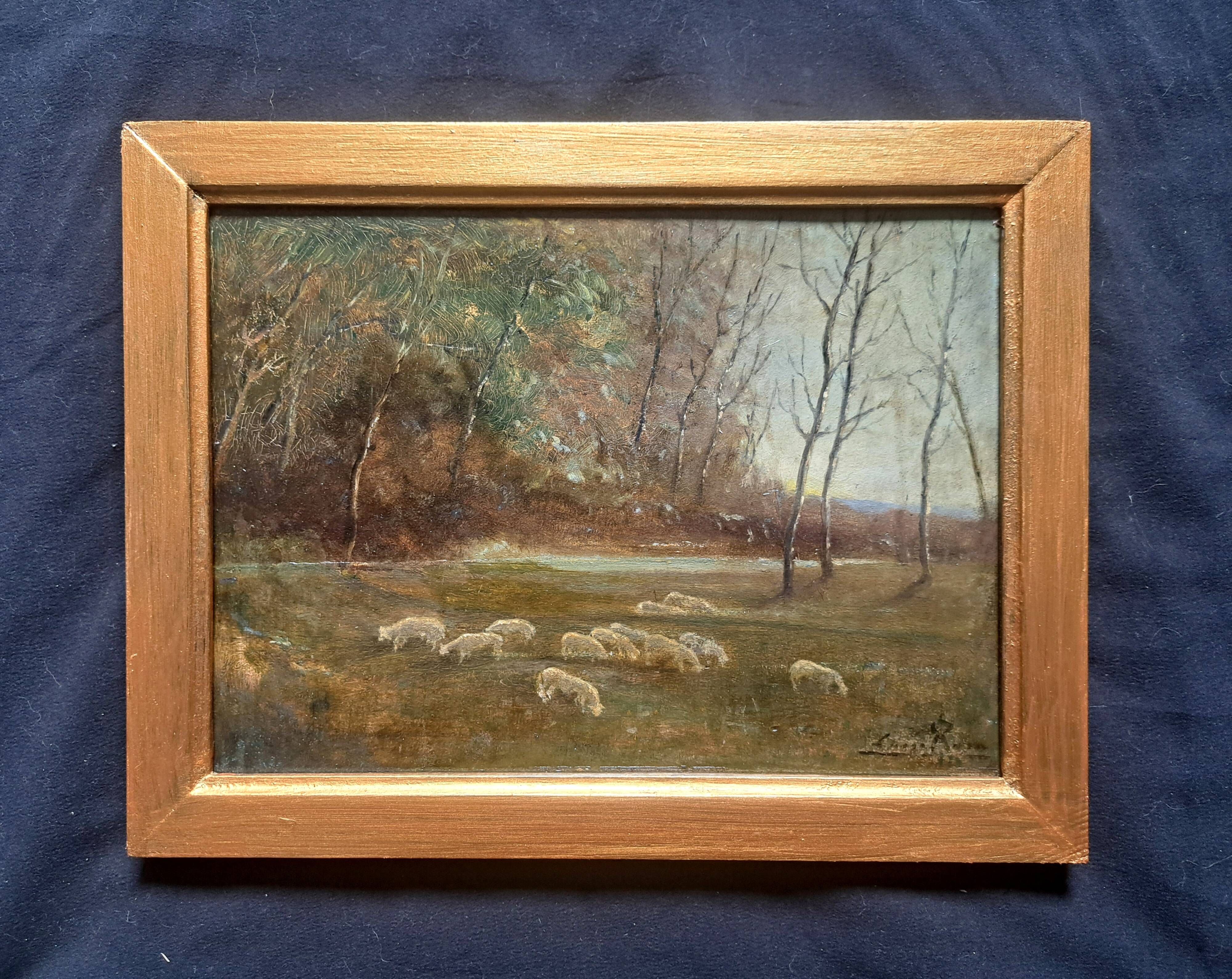 Impressionist painting, oil on wood signed, pastoral scene, Barbizon school