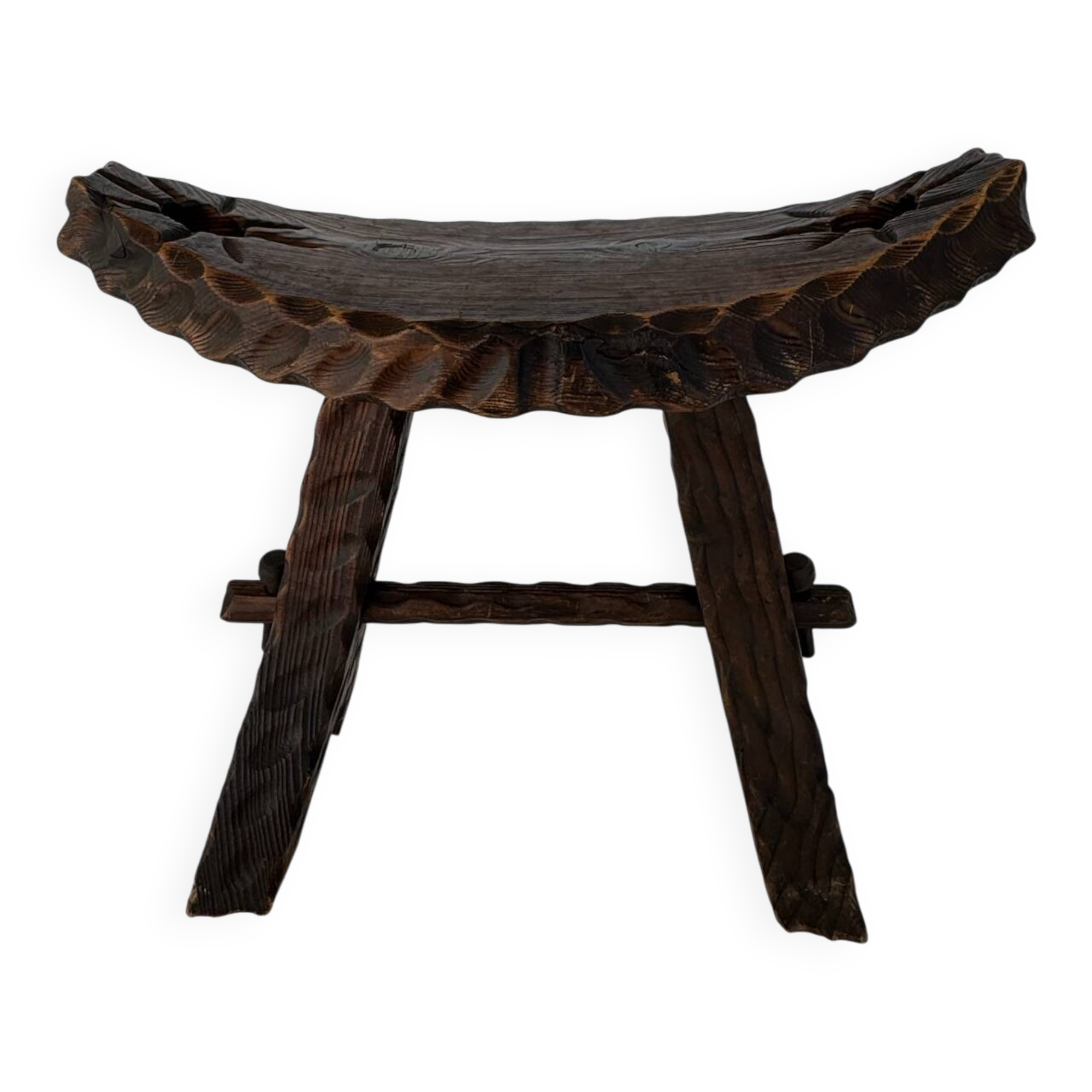 Vintage Brutalist Hand Carved Wooden Stool