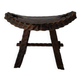 Vintage Brutalist Hand Carved Wooden Stool