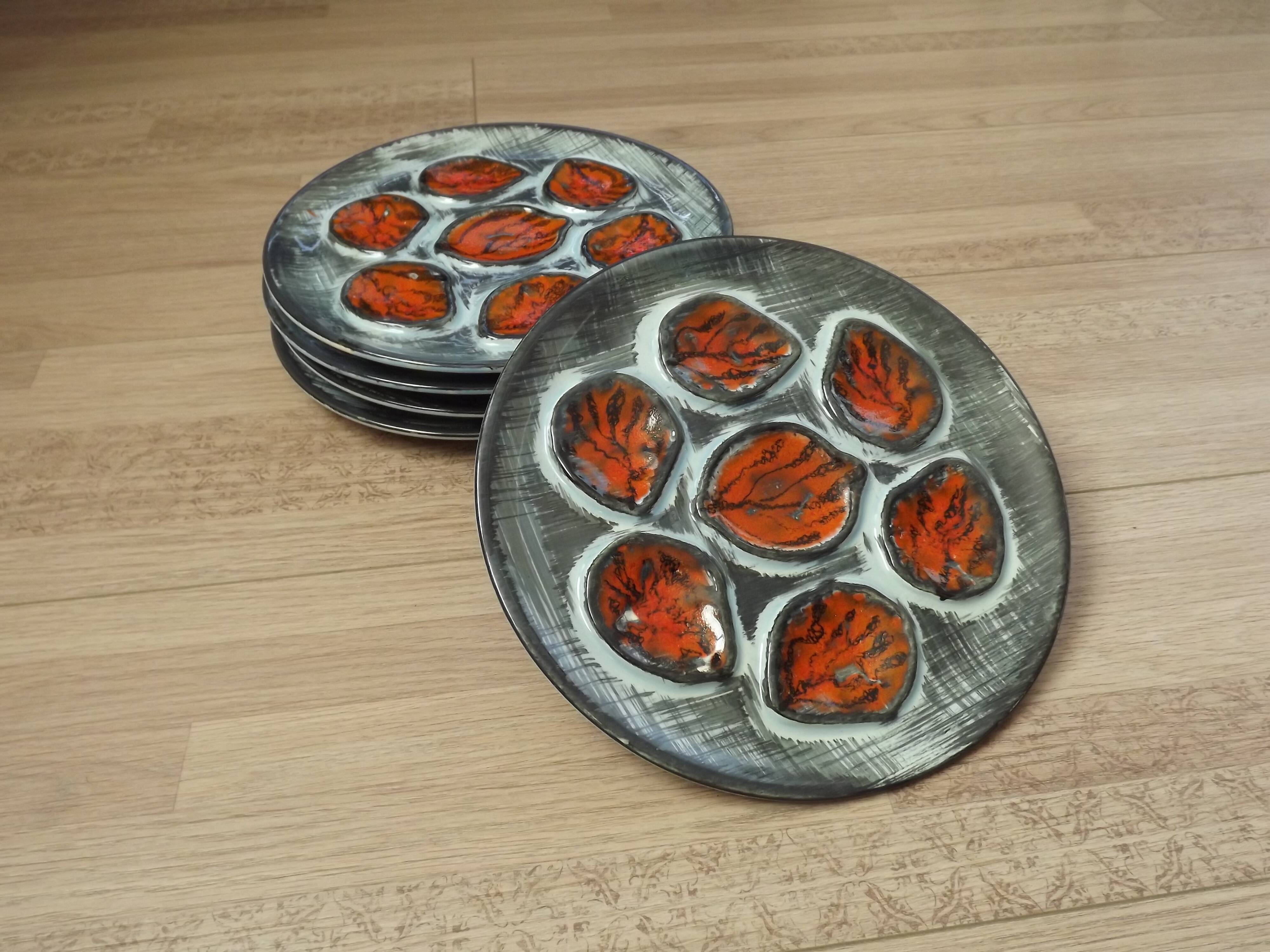 Set of 5 French Pordic Blue Grey & Orange Hand Painted 6 Well Oyster Plates 4974