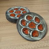 Set of 5 French Pordic Blue Grey & Orange Hand Painted 6 Well Oyster Plates 4974