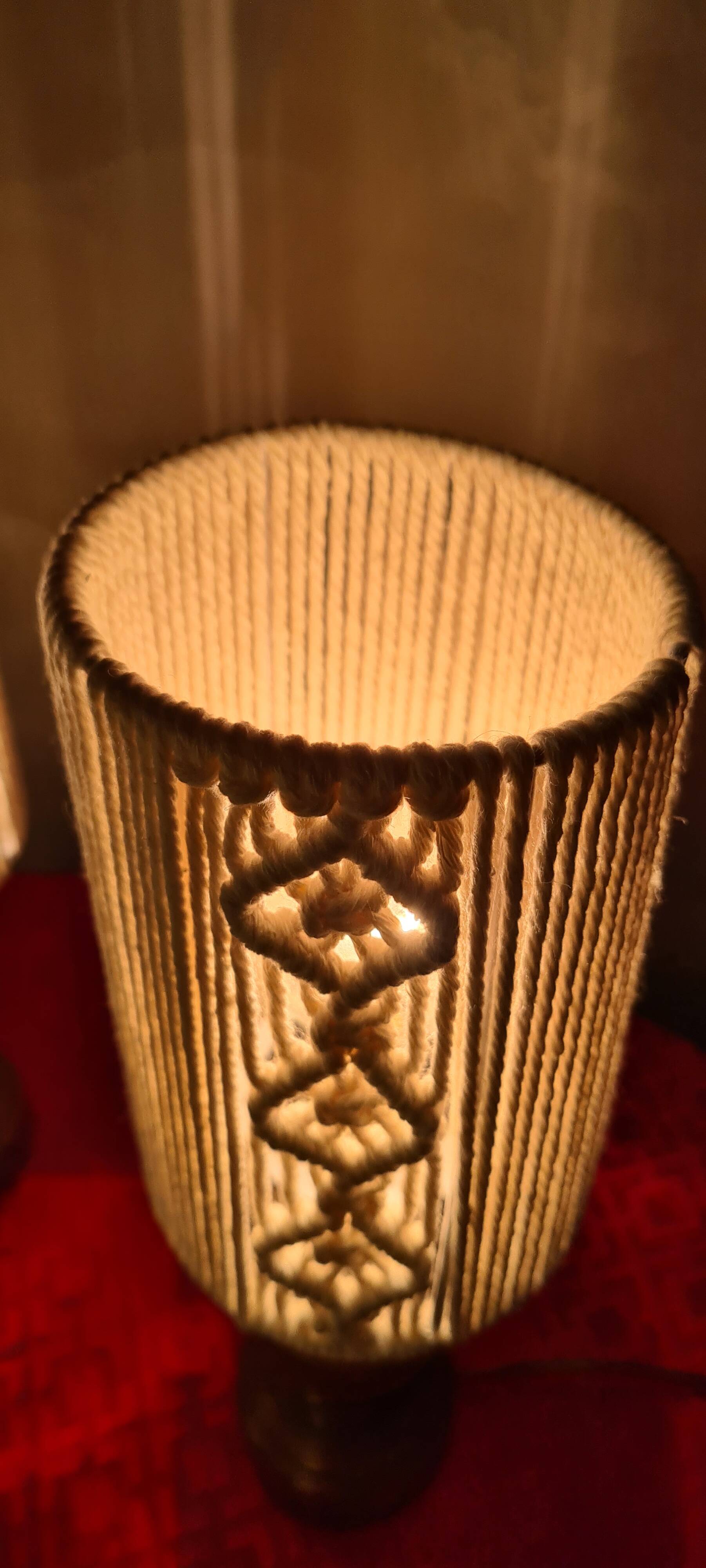 Pair of vintage lamps in woven cotton wood, scandinavian style, 31x11 cm