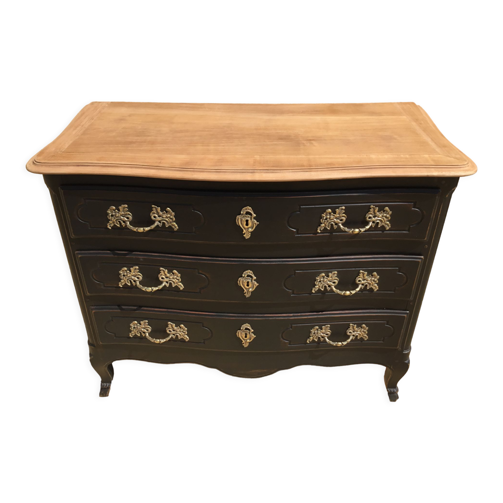 Louis XV style chest of drawers in cherry patinated in black top natural wood