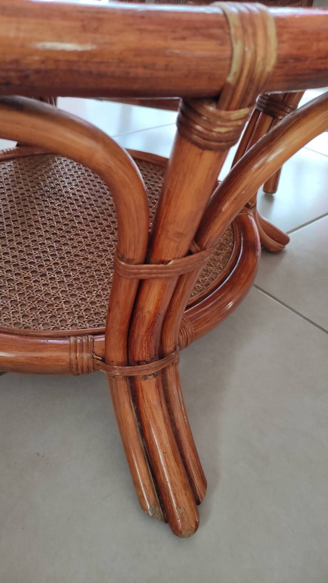 Sofa armchairs and coffee table in vintage rattan of six pieces