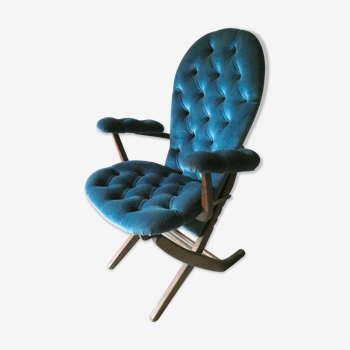 Fauteuil 4 positions en velours capitonné bleu, années 60