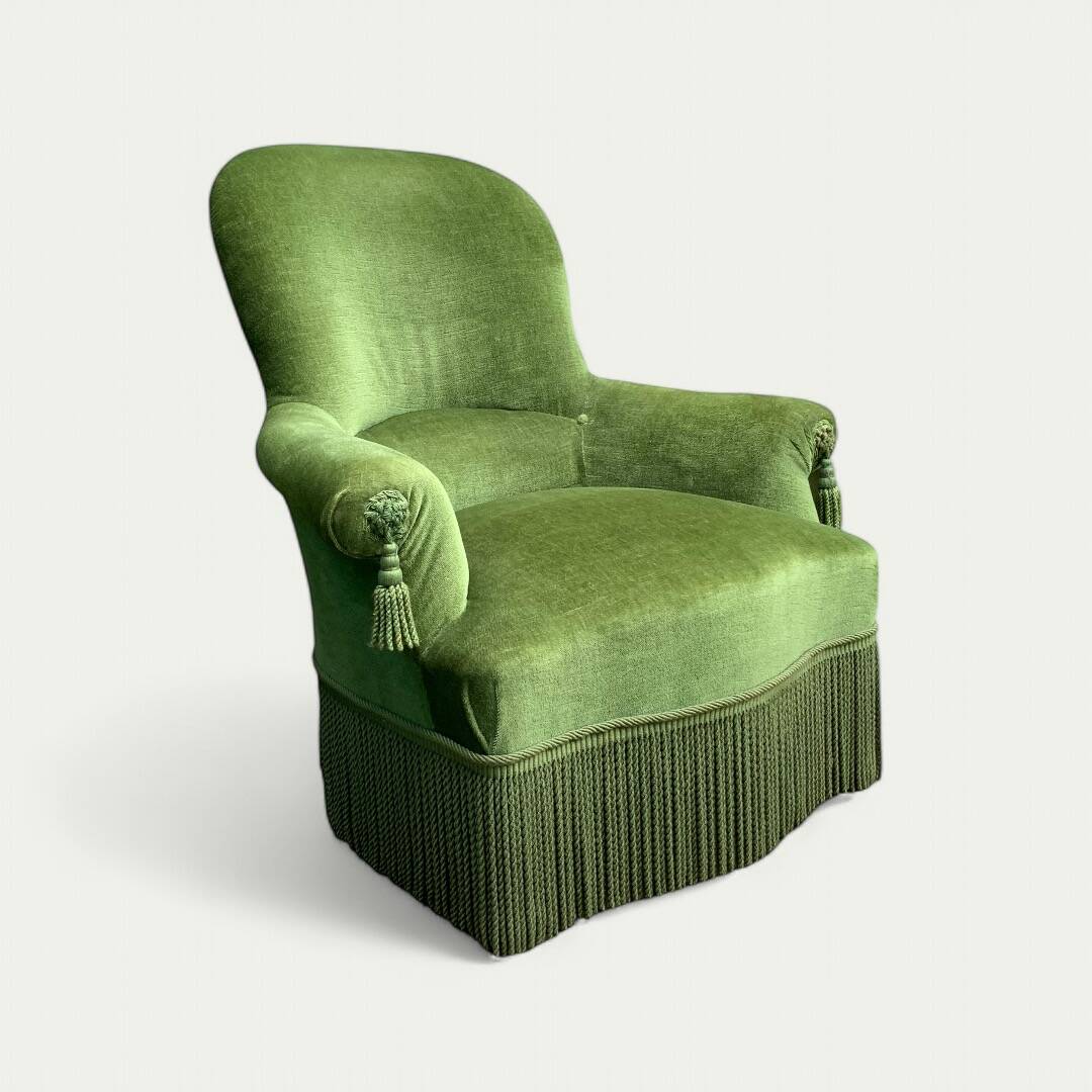 Pair of olive green velvet toad armchairs