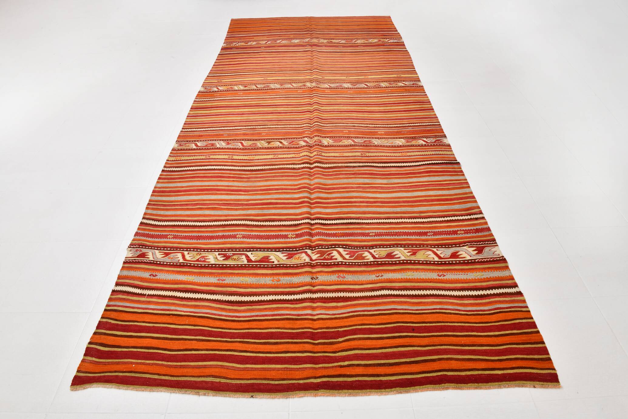 Pumpkin Orange Striped Turkish Woven Kilim Rug, 158x390 Cm